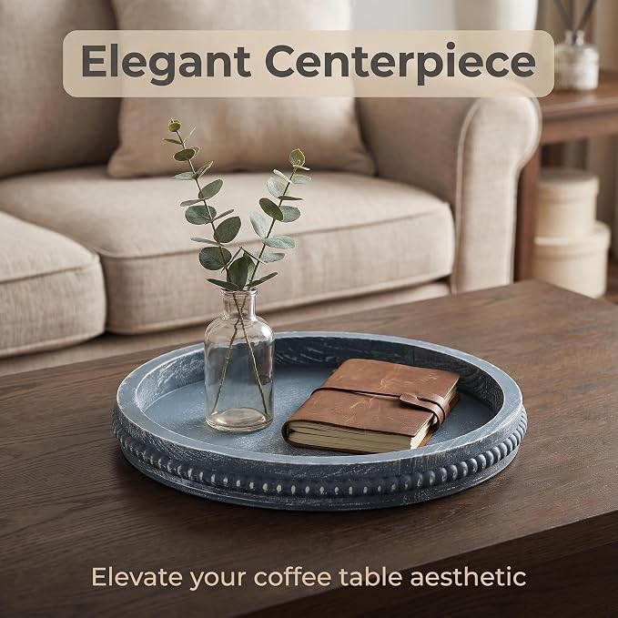 Hrastany Round Blue Wood Decorative Tray - Image 3