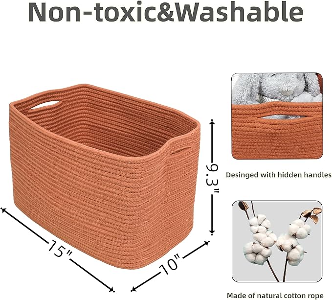 XUANGUO Woven Cotton Rope Storage Baskets 15x10x9.3" 3 Pack Rust | Decorative - Image 2