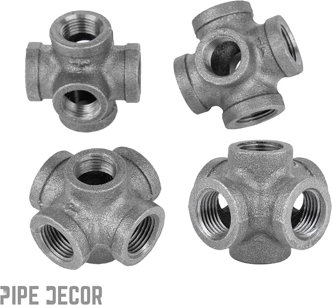 1/2" 6-way Cross Fitting, PIPE DECOR Black Malleable Iron Fittings Fit Standard - Image 7
