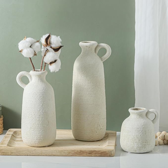 Ceramic Vase Set of 3 with Handle, Neutral Rustic Vases Home Decor Farmhouse - Image 8