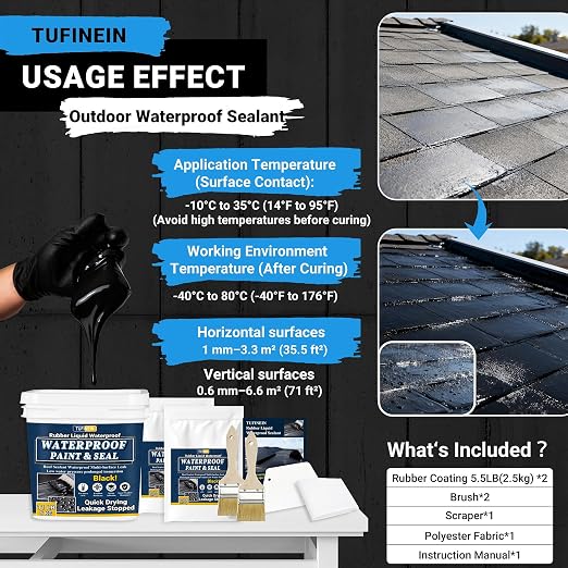 Rubber Liquid Waterproof Sealant, TUFINEIN 11 LB/5 KG Black Quick Drying Multi - Image 6