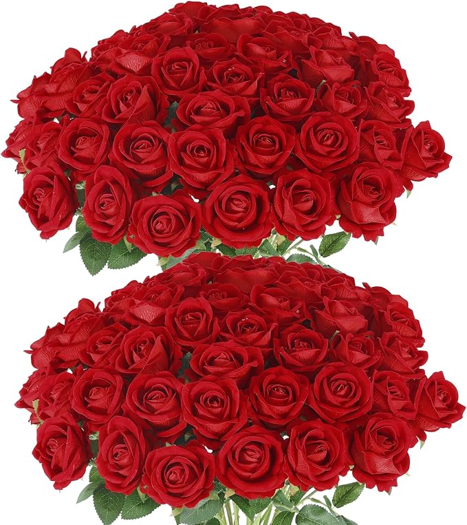 Hananona 50 Pcs Artificial Roses in Bulk, Fake Silk Red Roses Realistic Roses by HANANONA