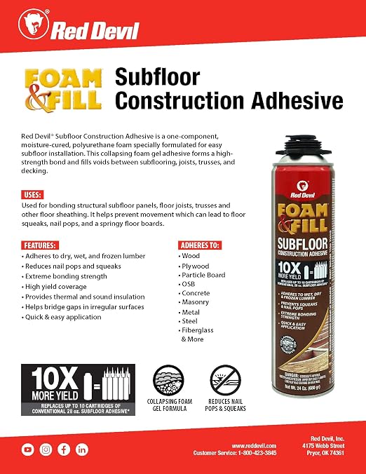 Red Devil 0923 Foam & Fill Subfloor Construction Adhesive, Off White, 24 oz. - Image 2
