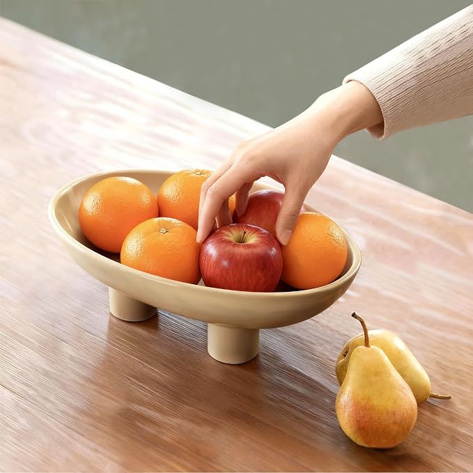 Three-Leg Ceramic Fruit Bowl, 10 Inch Oval Serving Dish - Image 4