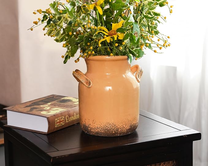Quoowiit Ceramic Rustic Farmhouse Vase, Distressed Decorative Flower Vases - Image 2
