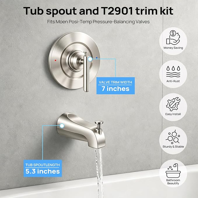 T2901 Shower Trim Kit with Tub Spout, Compatible with Moen Gibson Posi-Temp - Image 2