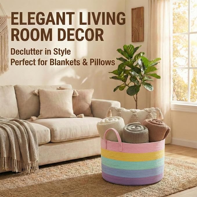 JMvicyroam 65L Extra Large Machine Washable Cotton Rope Blanket Basket | - Image 2