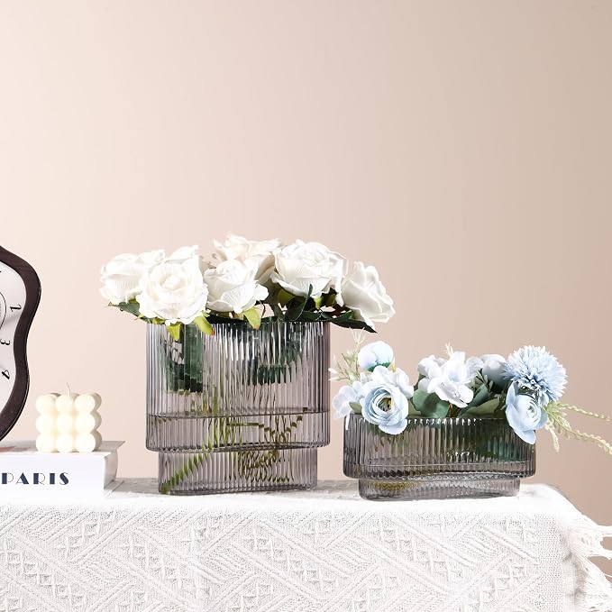 Short Glass Vases, Ribbed Vase for Flowers, Modern Small Vase for Living Room - Image 5