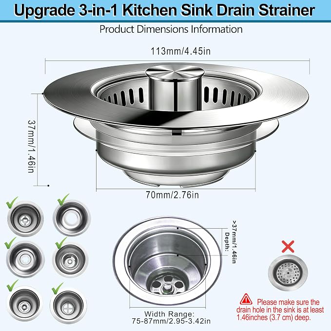 Kitchen Sink Drain Strainer for 3-1/2 Inch Drain Hole, 3-in-1 304 Stainless - Image 2