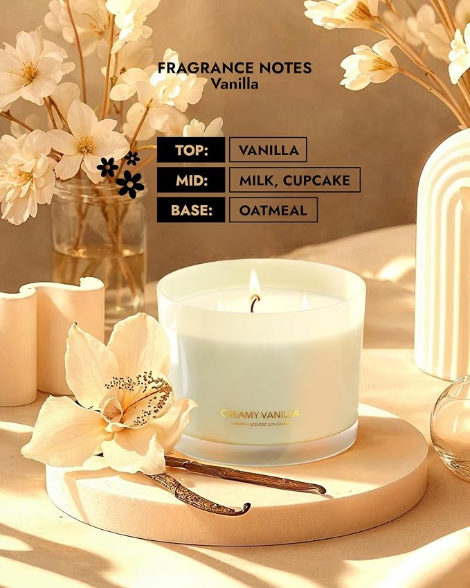Creamy Vanilla Scented Candles | Large 3 Wick Jar Candle | Up to 40 Hours - Image 4
