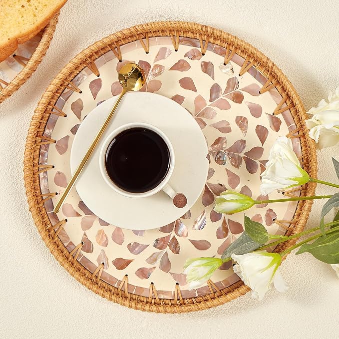 Kmelep Round Rattan Tray with Mother of Pearl Inlay, Rattan Serving Tray with - Image 2