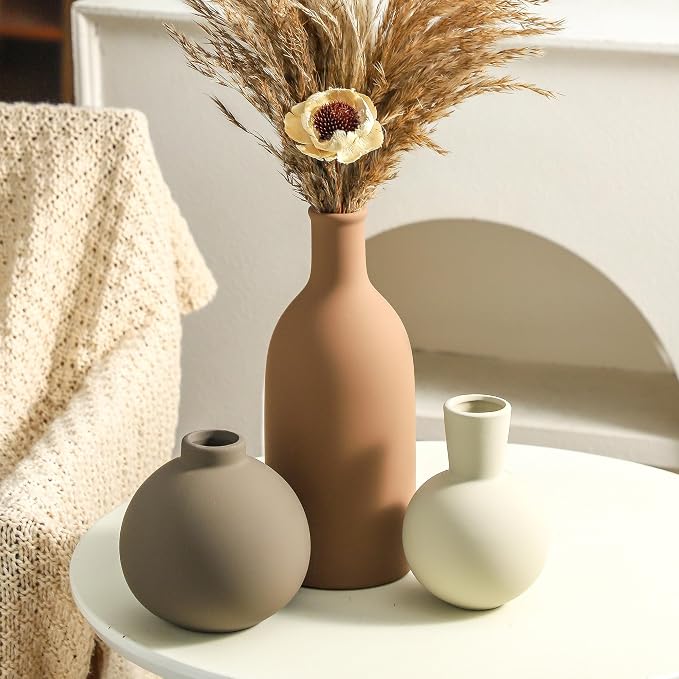 Vase Set of 3 | Ceramic Neutral Vases Home Decor | Rustic Flower Pottery Vases - Image 5