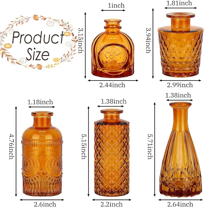 UPBUD Amber Glass Bud Vases Set of 5, Vintage Vase - Image 3