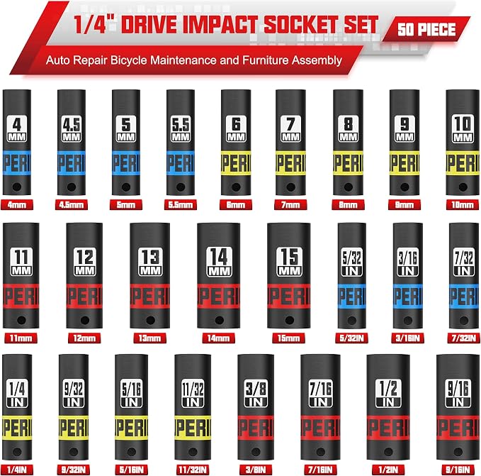 50 Piece 1/4" Drive Impact Socket Set, SAE & Metric, Deep and Shallow Sockets - Image 2