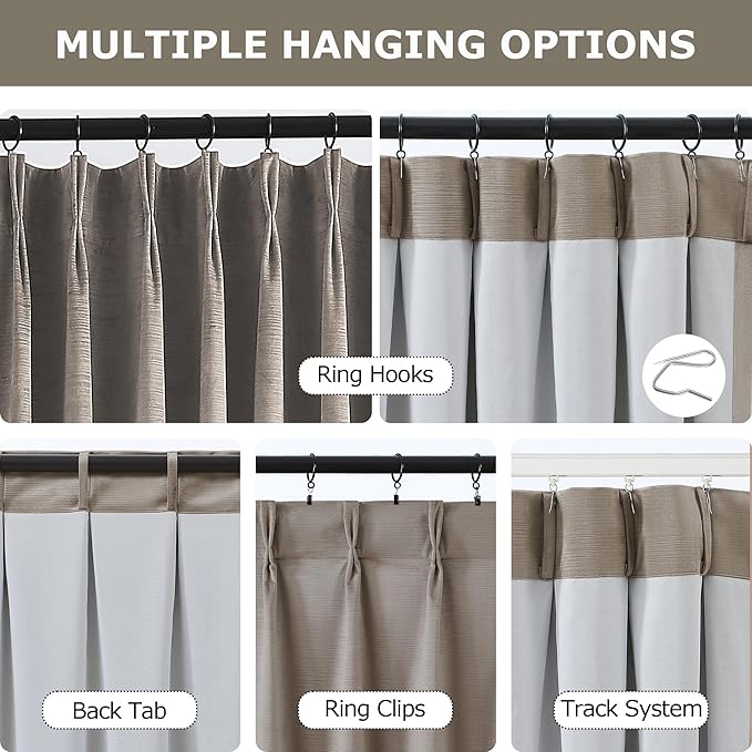 Vision Home Mocha Tan Velvet Pinch Pleated Blackout Curtains 40Wx102L Inch | 2 - Image 3