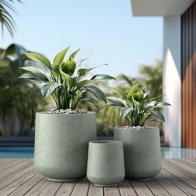Kante Set of 3 Mint Green Concrete Curved Planters 16.5" 13" 9.4" Dia | Drainage - Image 3