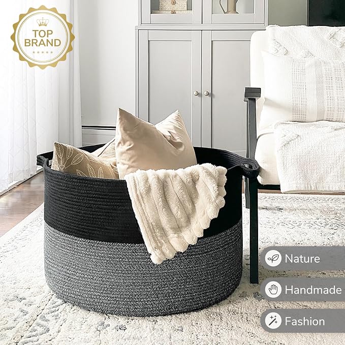 INDRESSME XXXLarge Woven Rope Blanket Basket Living Room Black Grey | 21.7" x - Image 7