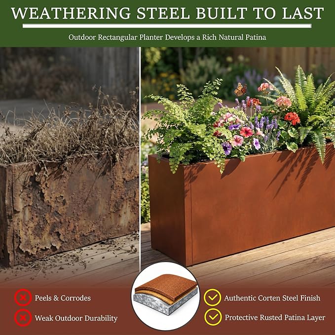 32 Inch Corten Steel Planter Box, Large Rectangular Planter | Weathering Steel - Image 5