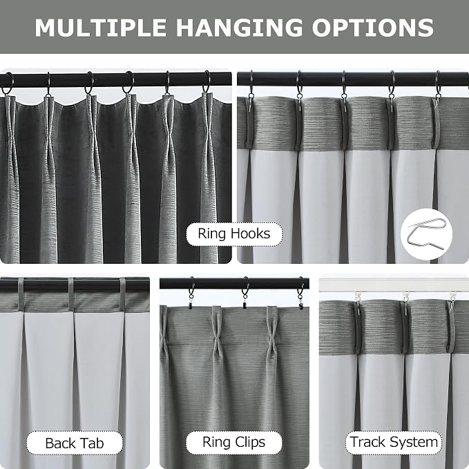 Vision Home Dark Gray Velvet Pinch Pleated Blackout Curtains 40Wx112L Inch | 2 - Image 3