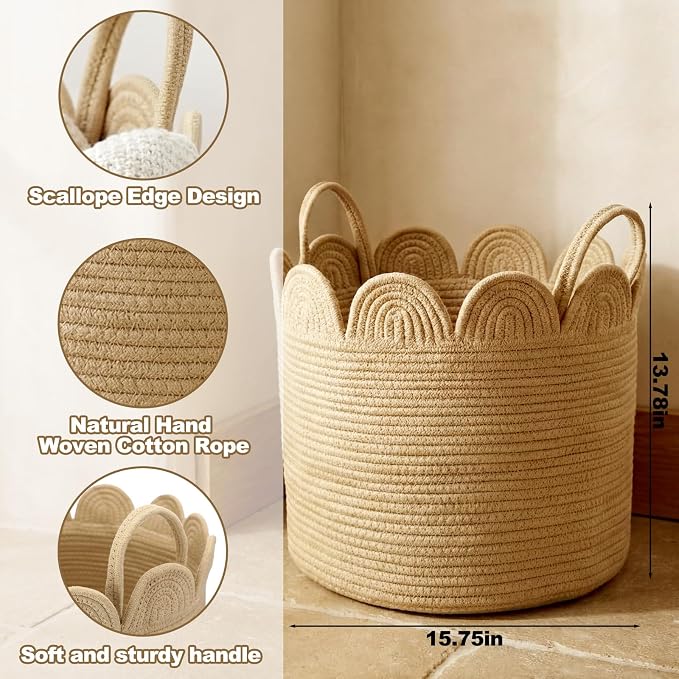 LemonRoad Round Woven Basket Brown, Cotton Rope Scalloped Edge Tassels - Image 2