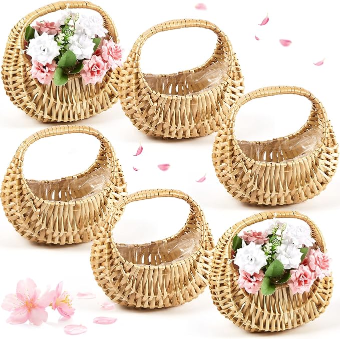 6 Pack Flower Girl Basket with Handle, 6.7 x 6.5 x 4.3 Inch, Nature | Half Moon by Taiyin
