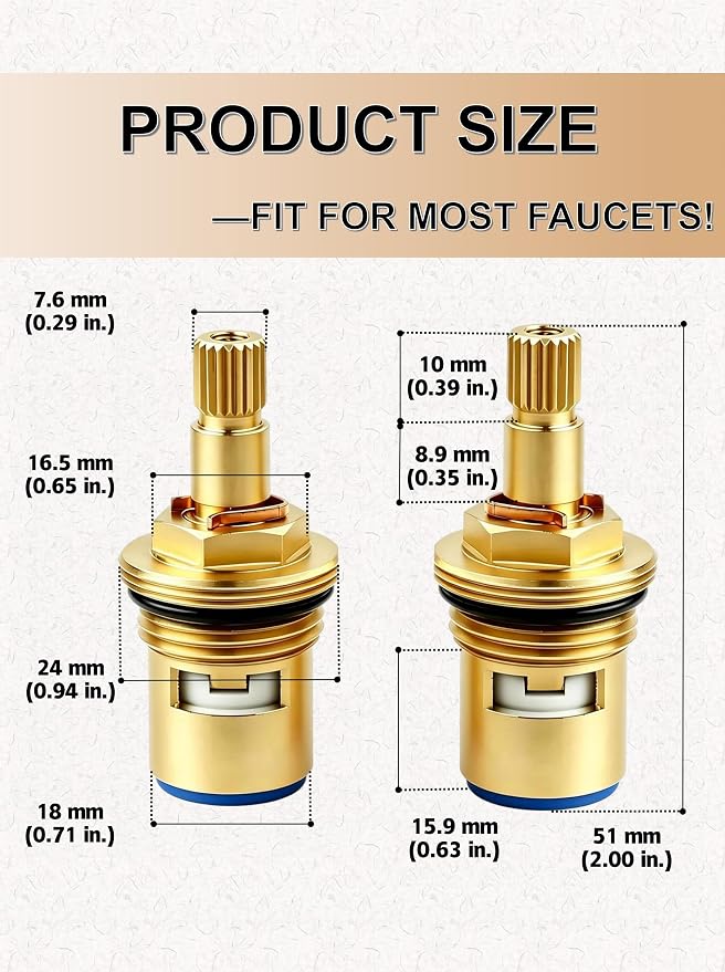 2-Pack Brass Faucet Cartridge Replacement, 1/2" Ceramic Disc Hot/Cold Water - Image 7