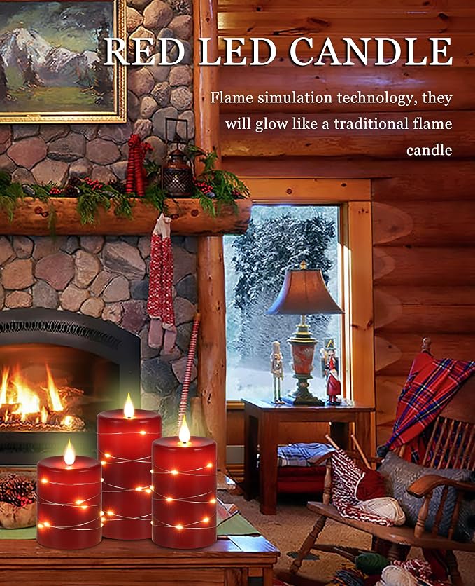 Red Flameless Candles with String Lights Battery Operated LED Pillar Candles - Image 2