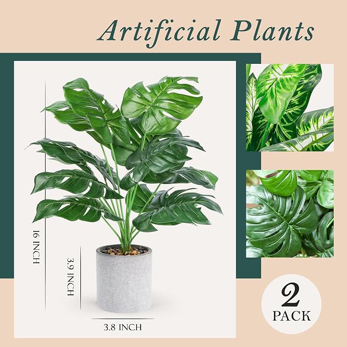 Der Rose 2 Pack 16" Fake Plants Artificial Monstera - Image 2