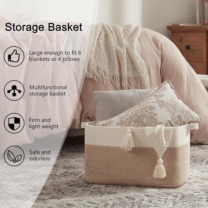 OIAHOMY Large Blanket Basket, 65L Cotton Rope Woven Laundry Basket, Toy Bin - Image 6