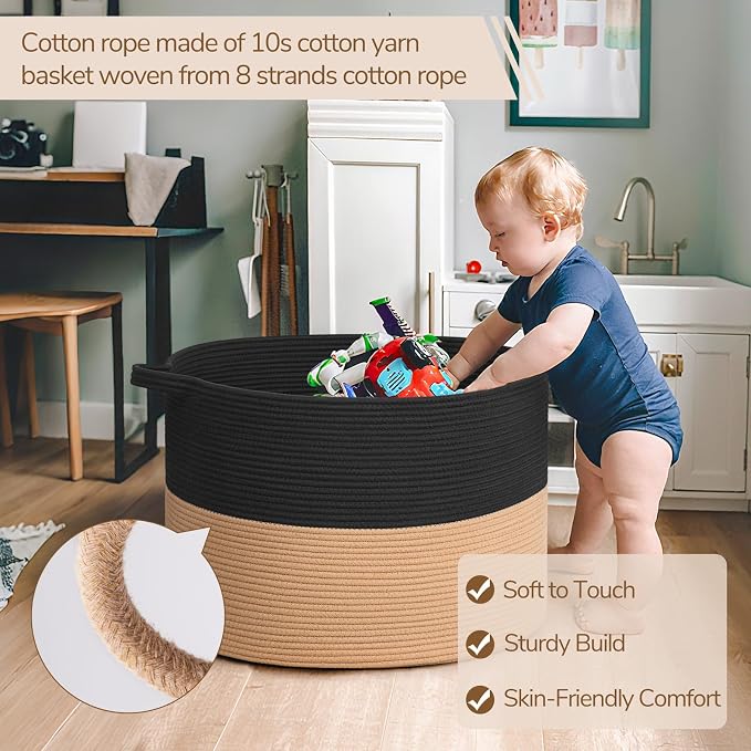INDRESSME 115L Extra Large Woven Rope Blanket Basket Living Room BlackCamel | - Image 3