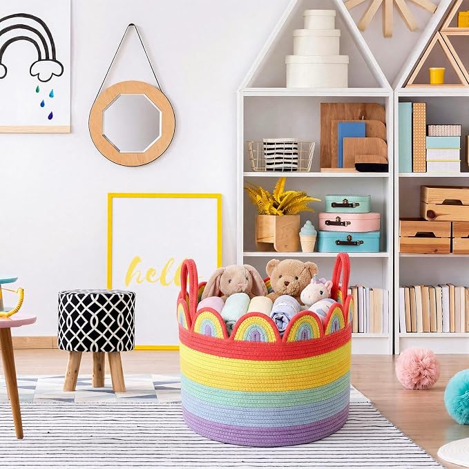LemonRoad Round Woven Basket Bright Rainbow, Cotton Rope Scalloped Edge Tassels - Image 5