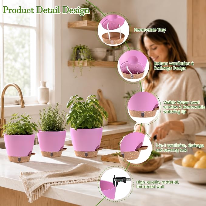 Self Watering Pots for Inoor Ourdoor Plants 8/7/6.5/6/5 Inch, 5 Pack | Plastic - Image 4