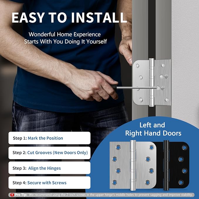 4 Inch Ball Bearing Door Hinges, Exterior Door Hinges Brushed Nickel 3 Pack | - Image 5
