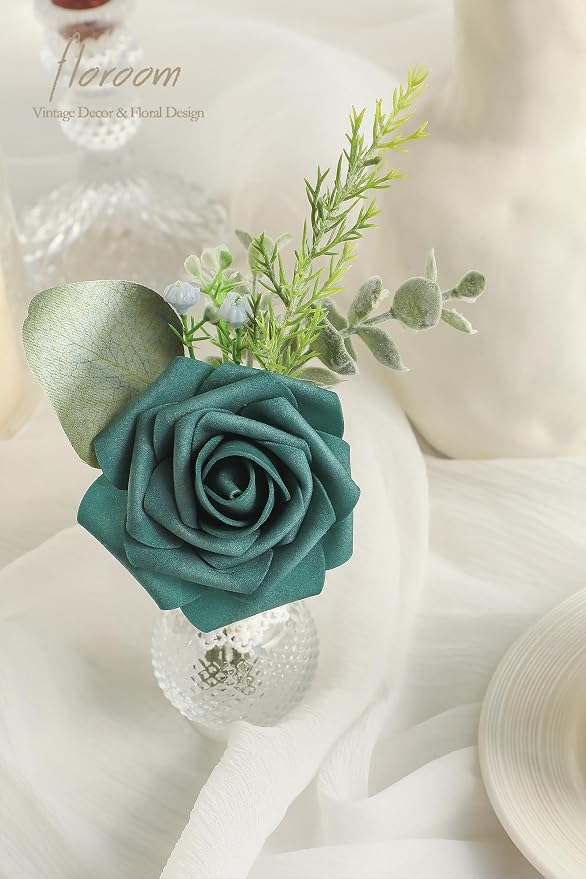Artificial Flowers 25pcs Real Looking Dark Teal Foam Fake Roses - Image 5