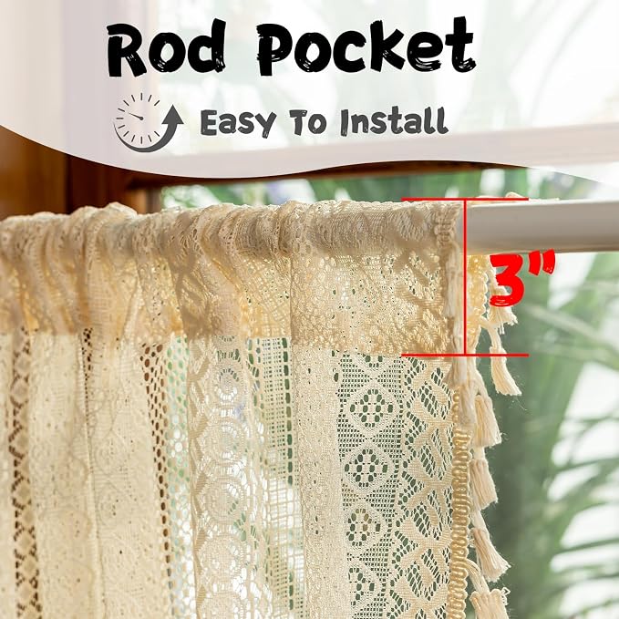 Sutuo Home Beige Boho Lace Short Kitchen Curtains 36 inches Long - Image 4