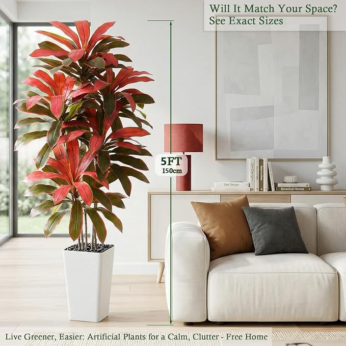 Artificial Dracaena Tree: 5FT Fake Plants Silk Faux Trees（White Pot） | - Image 2