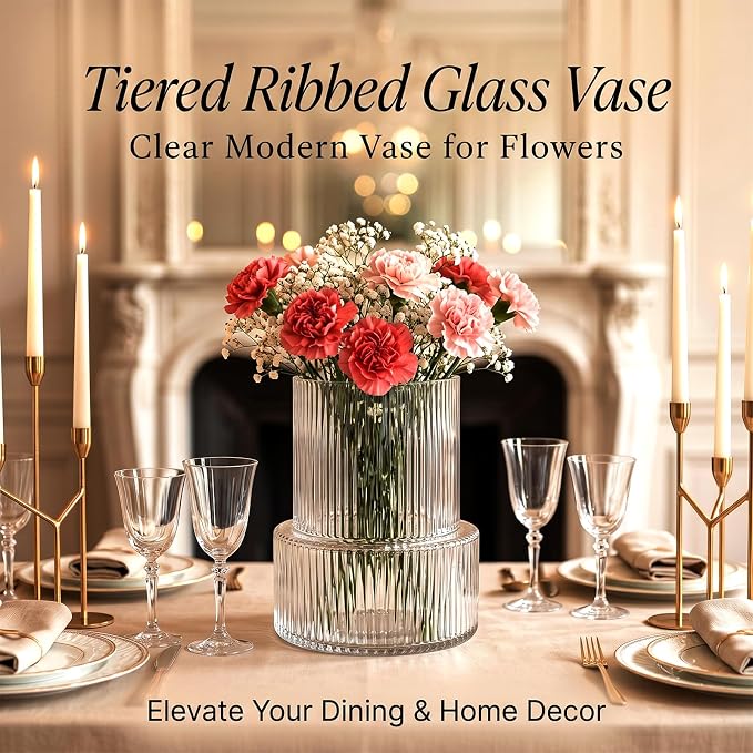 Ribbed Glass Cylinder Vase Set, Home Decor, Tall Fluted Glass - Image 3