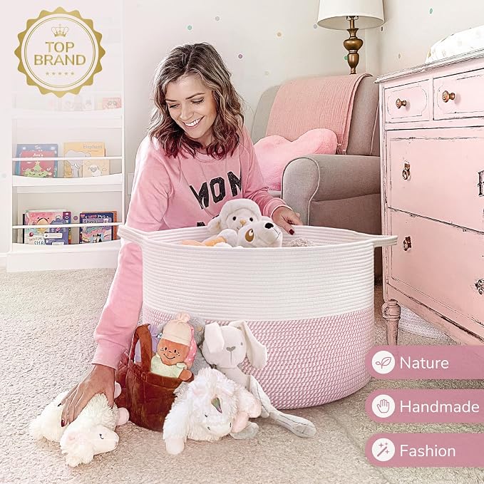 INDRESSME XXXLarge Woven Rope Blanket Basket Living Room Pink, 90L | Pink room - Image 6