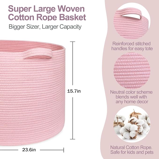 115L Oversized Pink Basket, 23.6"x15.7" Woven Cotton Rope Bin - Image 2