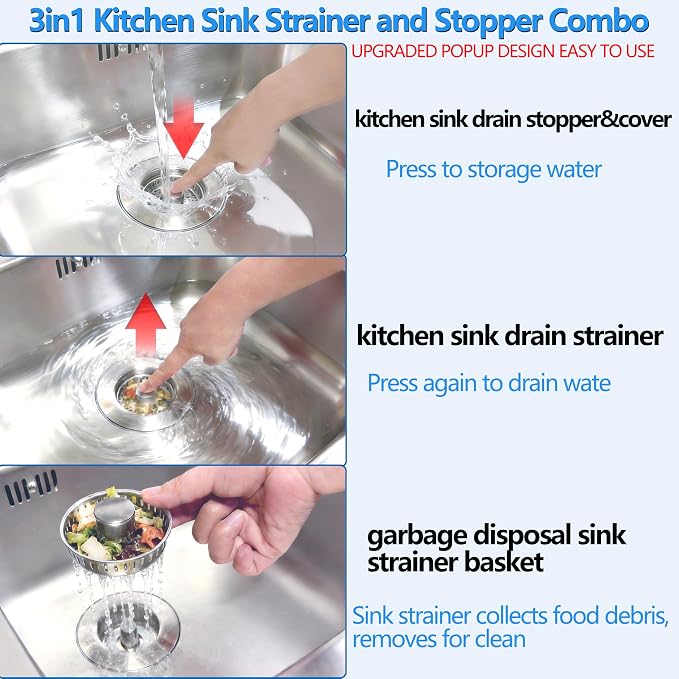 Kitchen Sink Drain Strainer for 3-1/2 Inch Drain Hole, 3-in-1 304 Stainless - Image 4