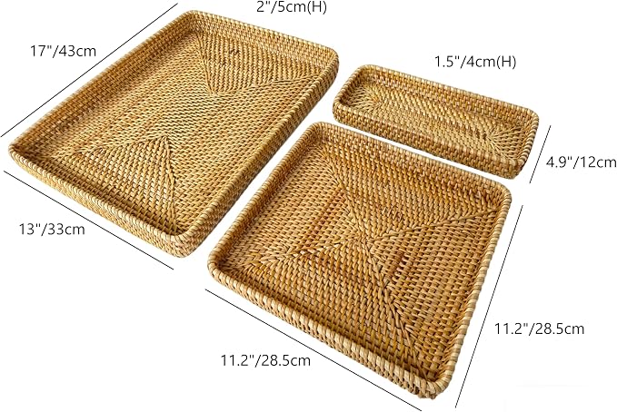 i-lan 17" Large Rattan Nesting Serving Trays, Handwoven Wicker Set of 3 | - Image 3