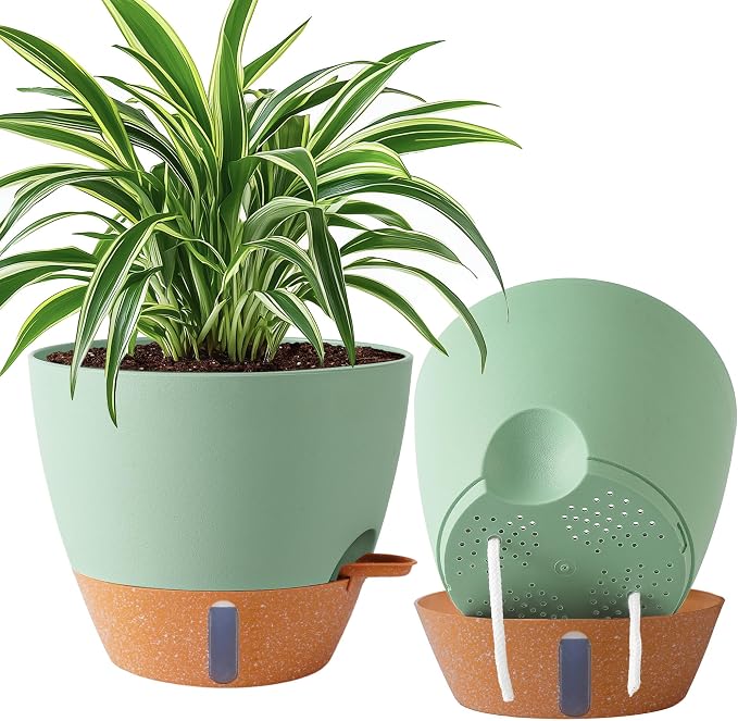 2 Pack 10 inch Plant Pots, Plastic Self Watering Planters | Drainage Holes by Fielda
