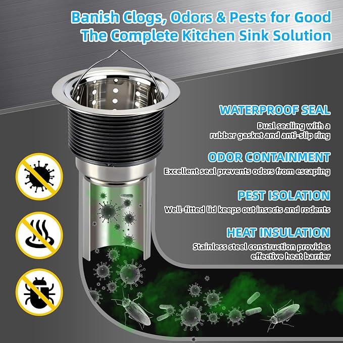 Kitchen Sink Drain Assembly, Stainless Steel Removable Deep Sink Strainer Basket - Image 6