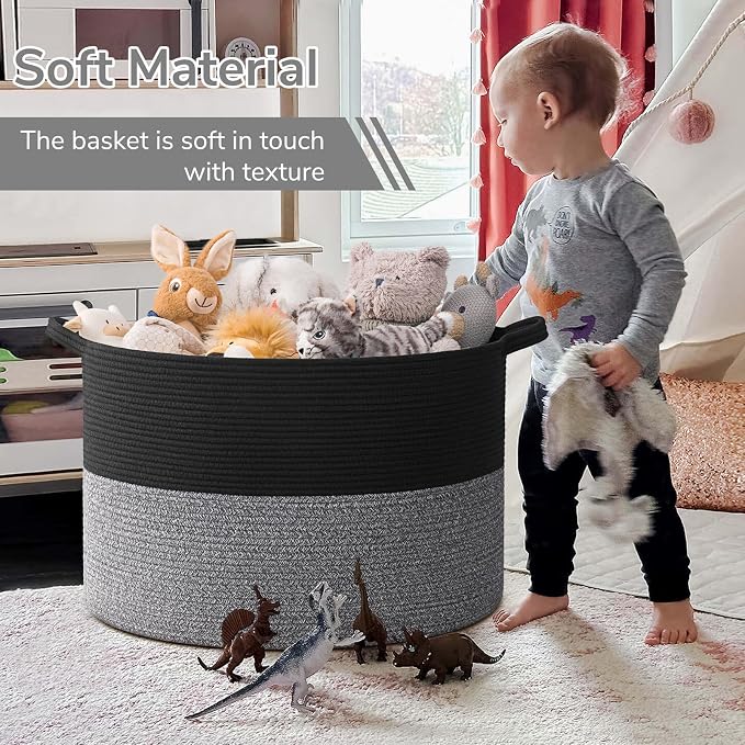 INDRESSME 115L Extra Large Woven Rope Blanket Basket Living Room Black Grey | - Image 6