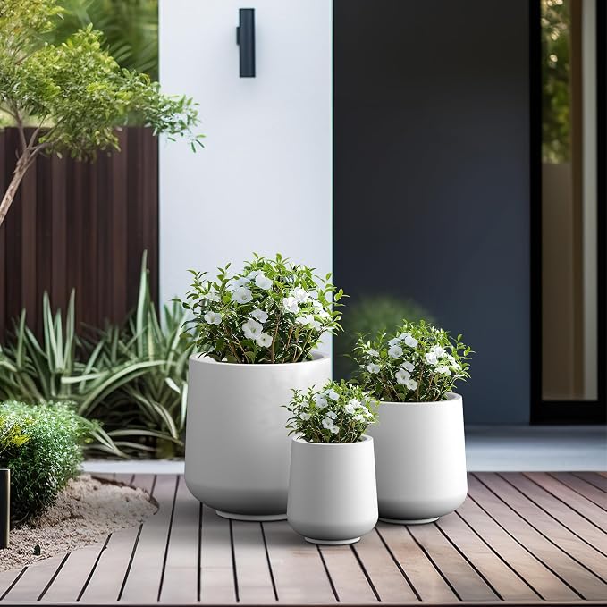 Kante Set of 3 White Concrete Curved Planters 16.5" 13" 9.4" Dia | Drainage - Image 6