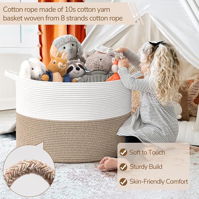 INDRESSME 115L Extra Large Woven Rope Blanket Basket Living Room LightBrown | - Image 3