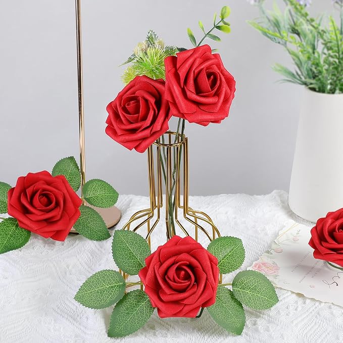 AmyHomie Red Rose 50pcs Real Looking Artificial Flowers w/Stem | Bouquet - Image 5
