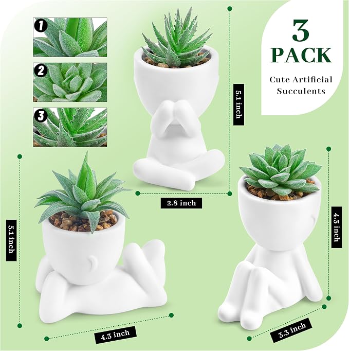 Der Rose 3 Pack Fake Succulents in White Human-Shaped Pots - Image 2