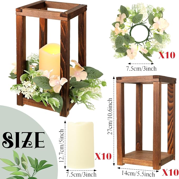 Hushee 30 Pcs Wooden Wedding Lantern Centerpiece Candles Wreaths Set, LED - Image 2