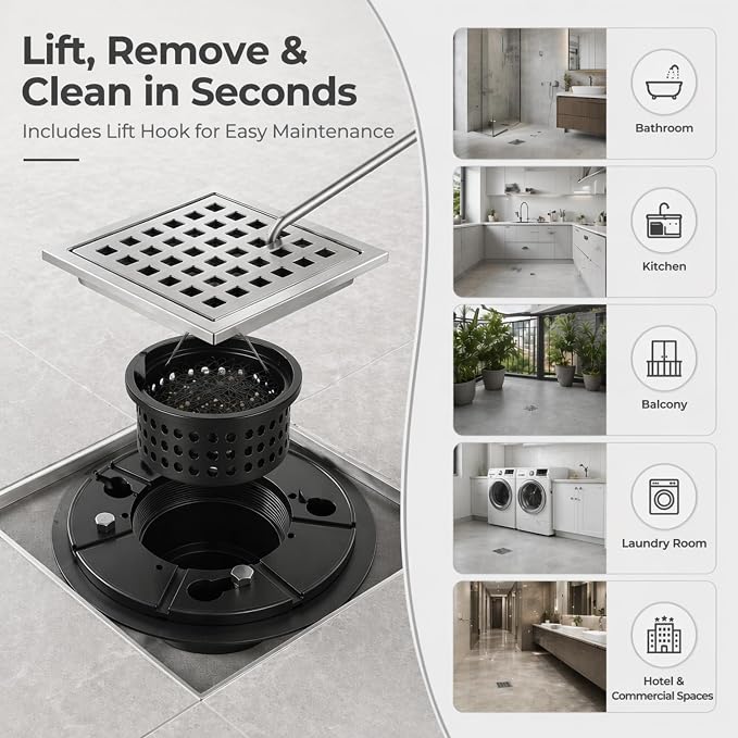 4" Brushed Silver Shower Drain, Square Shower Floor Drain - Image 7
